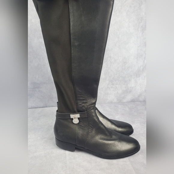 MK Leather Tall Boots Ankle Strap Silver Padlock Medallion Side Zip Riding 8.5M - Picture 1 of 13
